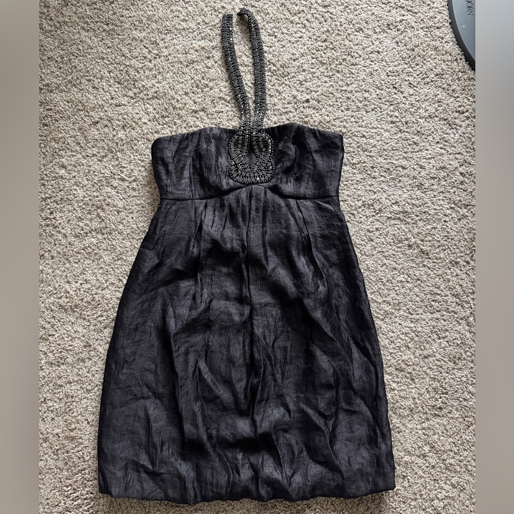 Laundry by Shelli Segal Y2K Black Satin Halter Dress Size 2 Beaded Crystal Mini